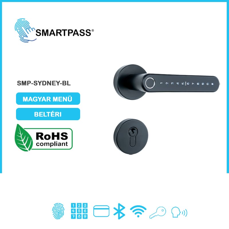 SYDNEY BLACK smart lock with fingerprint, Bluetooth, WiFi, PIN code, RFID card, key